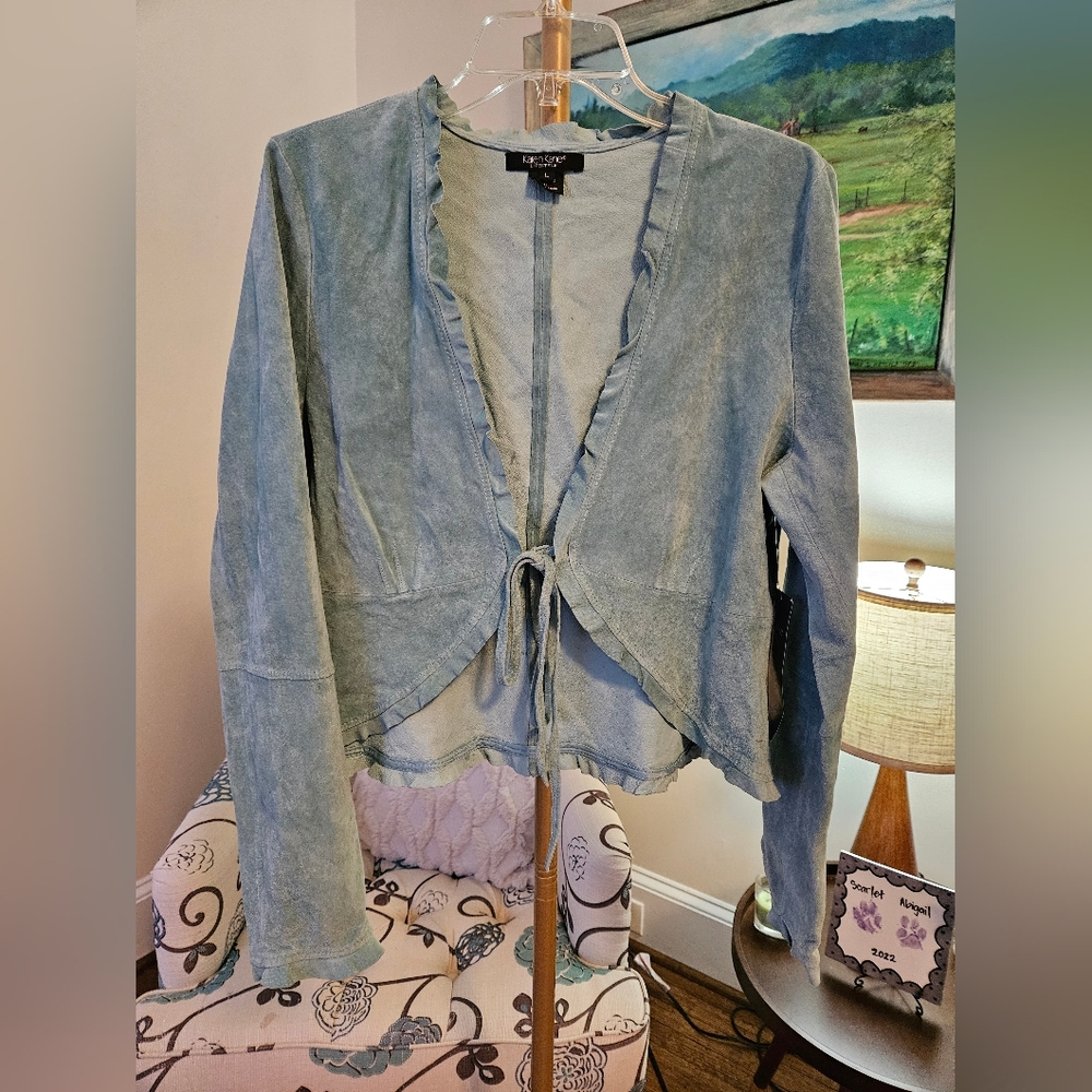 Karen Kane Turquoise Suede Tie Front Jacket Sz Lg